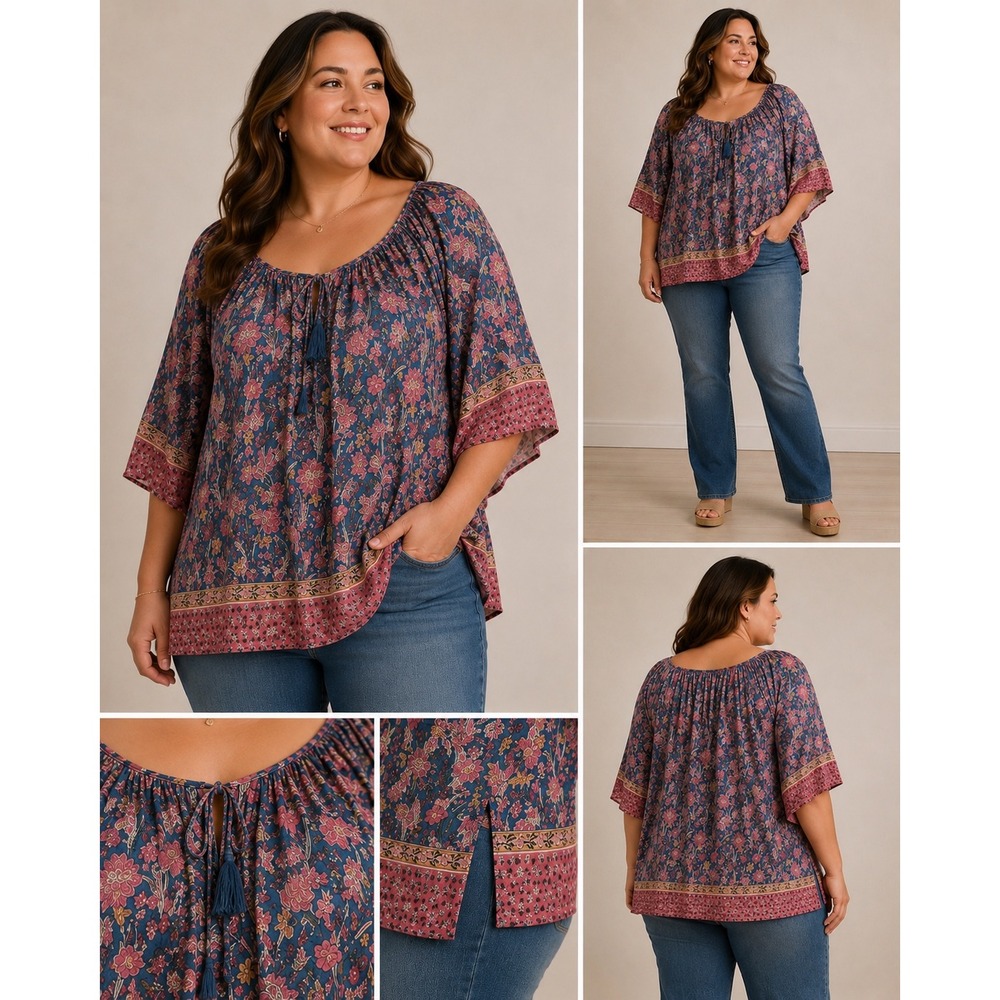 Cynthia Rowley Woman Boho Floral Tassel Blouse Pink Blue Kimono‎ Sleeve 1X